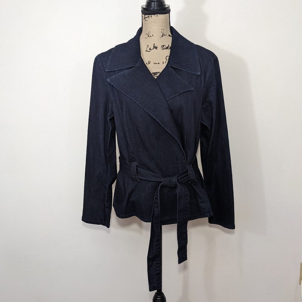 NWT White House Black Market Outlet Denim Jacket Blazer Tie Belt Blue Size 14
